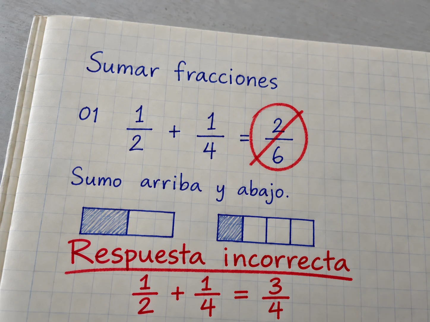 Illustrated correction of a fictional exercise: two sixths is crossed out as incorrect, with the correct answer of three quarters shown.