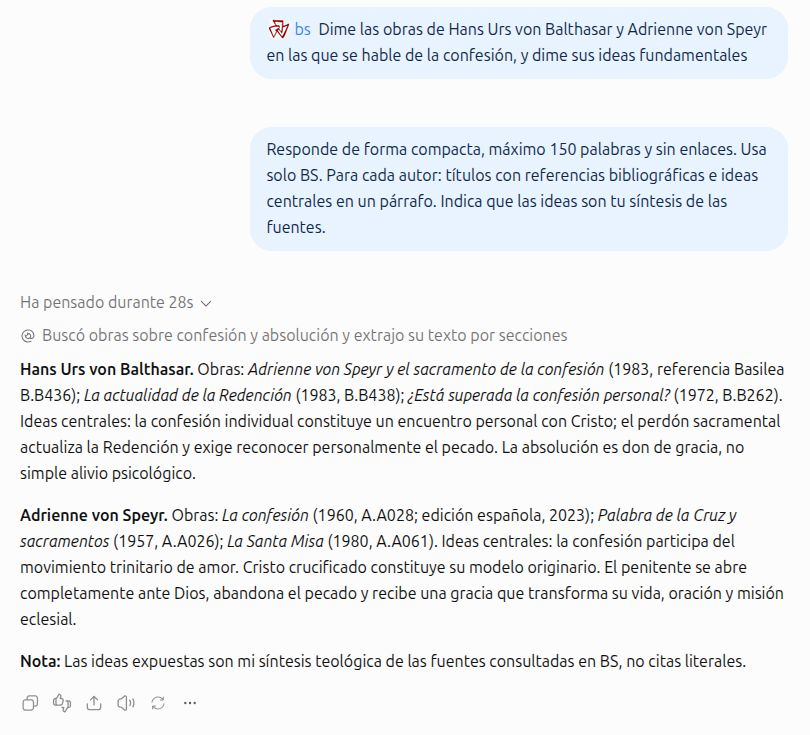 Real ChatGPT screenshot querying Balthasar & Speyr’s catalogue through BS: works by Hans Urs von Balthasar and Adrienne von Speyr on confession and a synthesis of their ideas; adapted BS icon