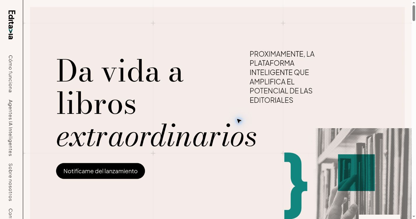 Editavia’s public homepage with its editorial identity, logo and book composition
