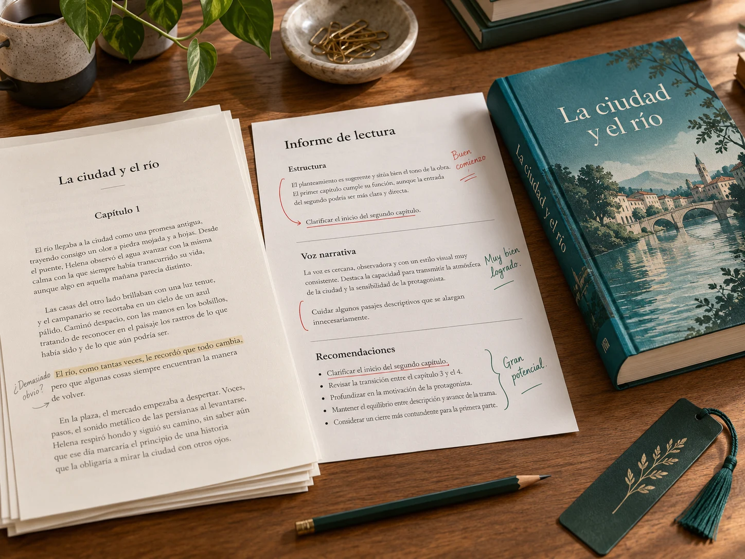 Illustrative manuscript, reading report and cover for La ciudad y el río, a fictional book