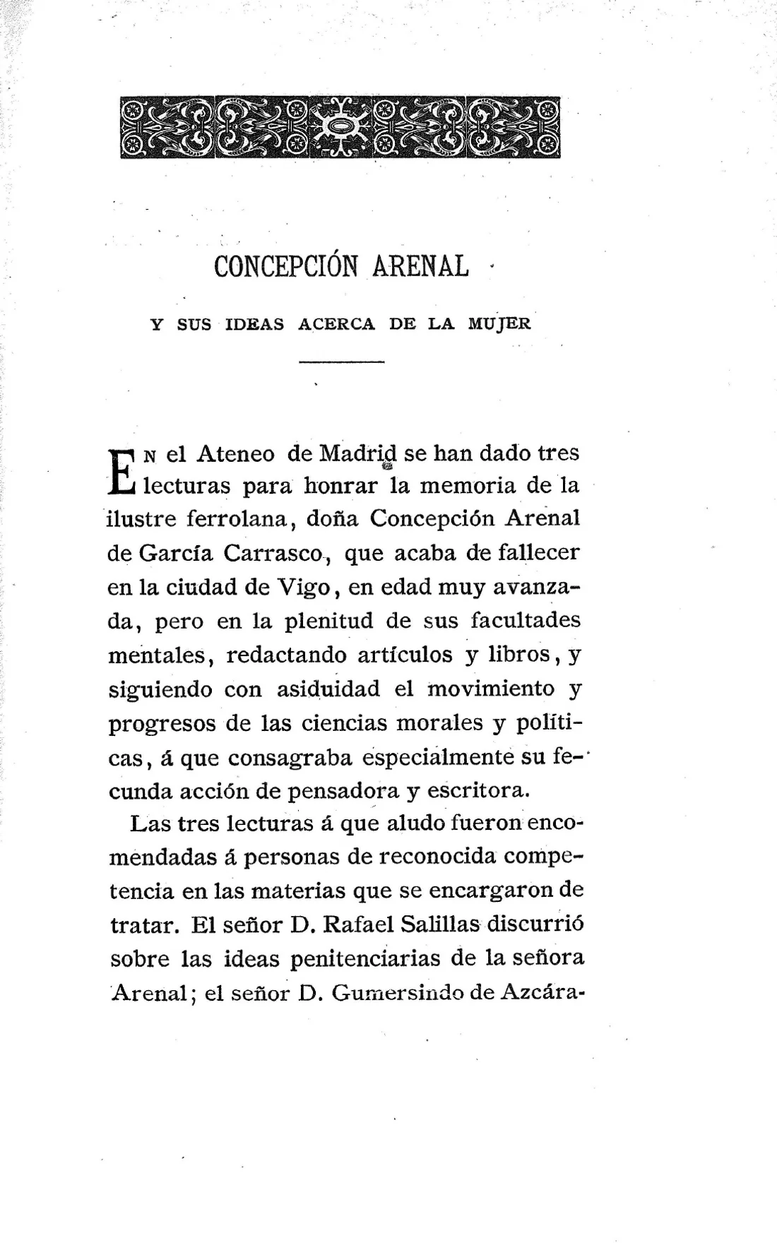 Página original del artículo sobre Concepción Arenal en Nuevo teatro crítico, 1893