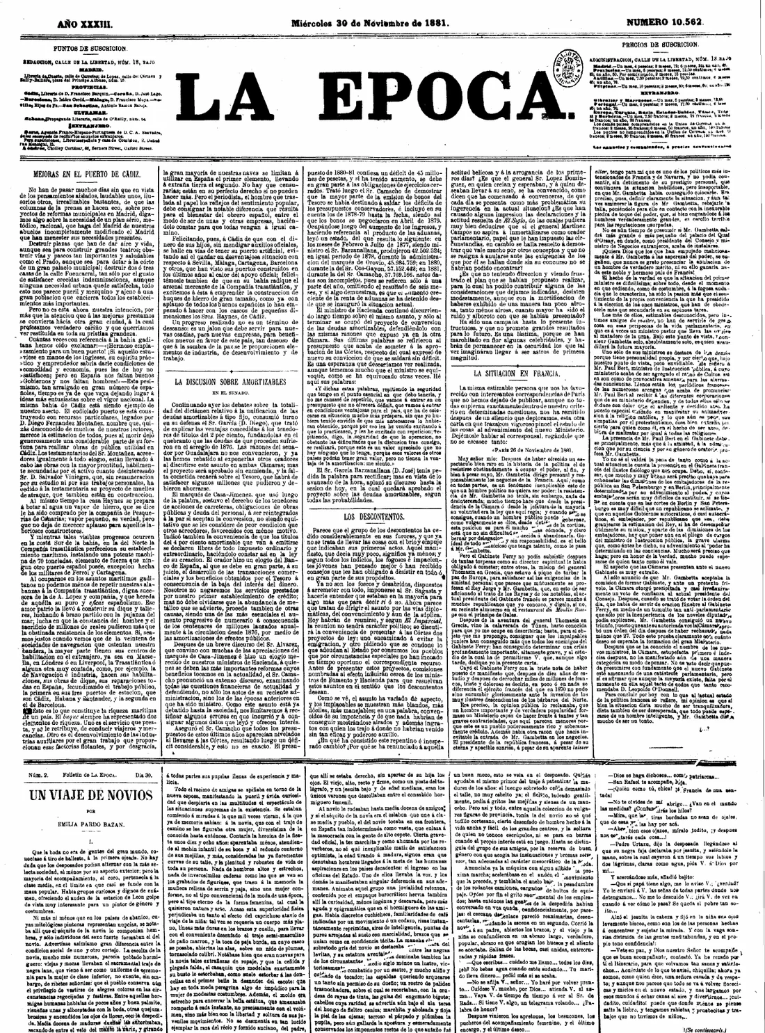 La Época, 1881: multiple columns and serial fiction at the bottom